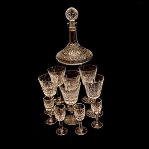 Waterford Crystal Decanter with six wine glasses and four shot glasses